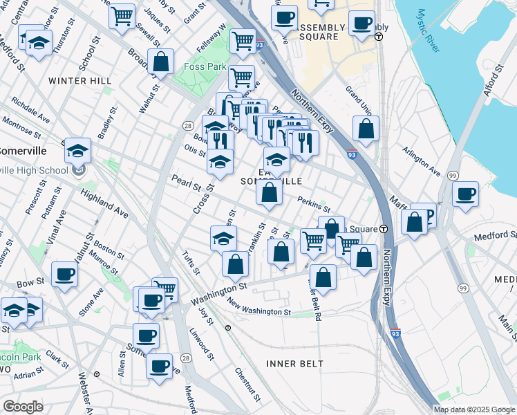 map of restaurants, bars, coffee shops, grocery stores, and more near 16 Webster Street in Somerville