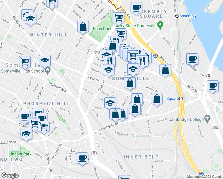 map of restaurants, bars, coffee shops, grocery stores, and more near 104 Pearl Street in Somerville