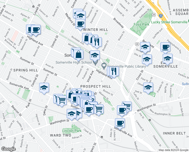 map of restaurants, bars, coffee shops, grocery stores, and more near 50 Highland Avenue in Somerville
