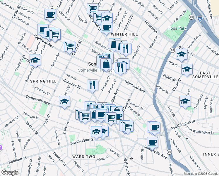 map of restaurants, bars, coffee shops, grocery stores, and more near 44 Prescott Street in Somerville