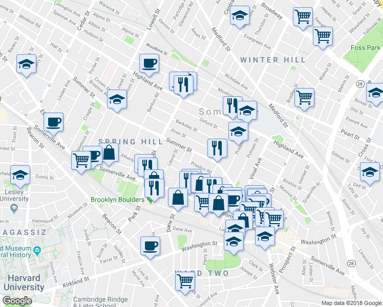 map of restaurants, bars, coffee shops, grocery stores, and more near 117 Summer Street in Somerville