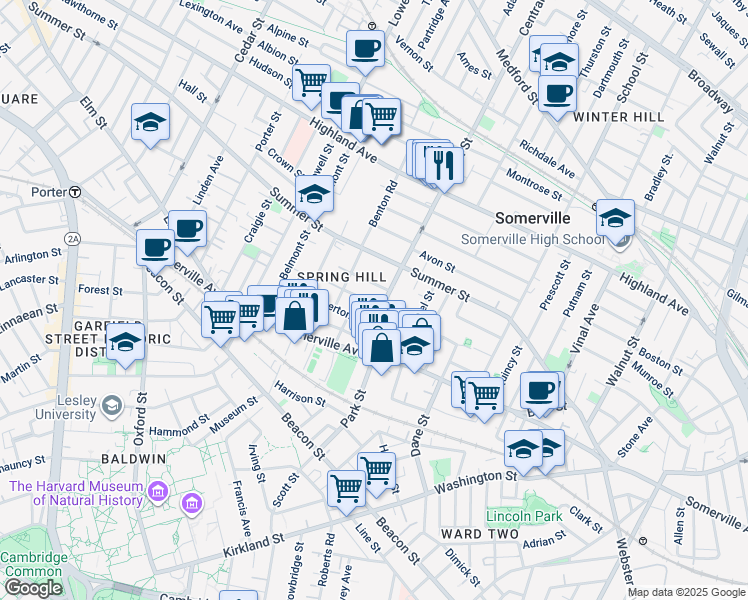 map of restaurants, bars, coffee shops, grocery stores, and more near 9 Monmouth Street in Somerville