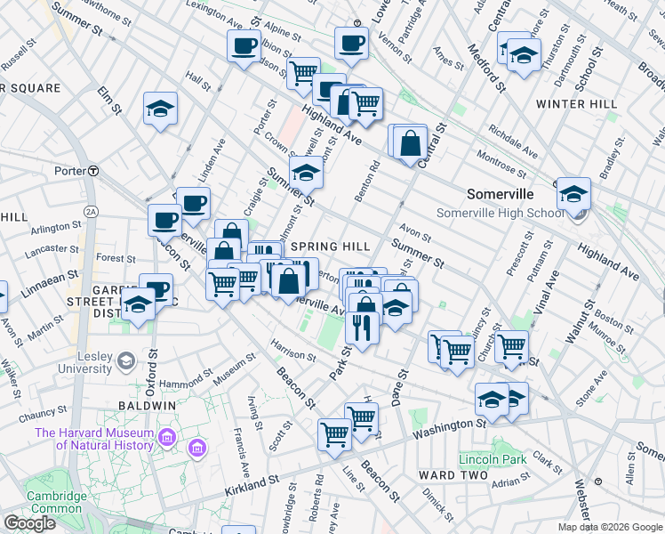 map of restaurants, bars, coffee shops, grocery stores, and more near in Somerville