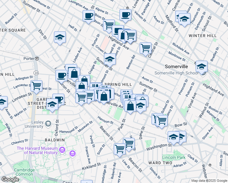 map of restaurants, bars, coffee shops, grocery stores, and more near 32 Spring Street in Somerville