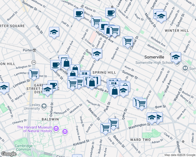 map of restaurants, bars, coffee shops, grocery stores, and more near 32 Spring Street in Somerville