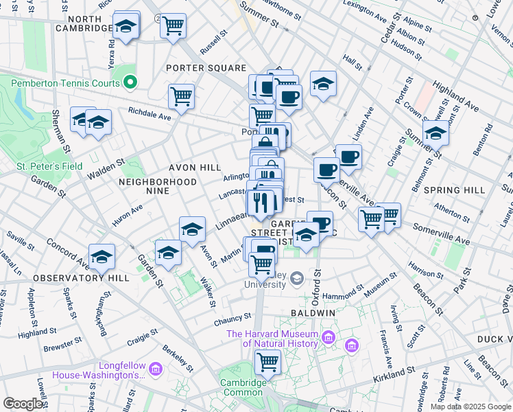 map of restaurants, bars, coffee shops, grocery stores, and more near 1768a Massachusetts Avenue in Cambridge