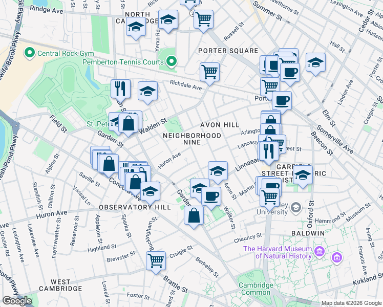 map of restaurants, bars, coffee shops, grocery stores, and more near 6 Bellevue Avenue in Cambridge