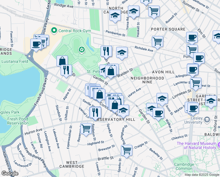 map of restaurants, bars, coffee shops, grocery stores, and more near 9 Stearns Street in Cambridge