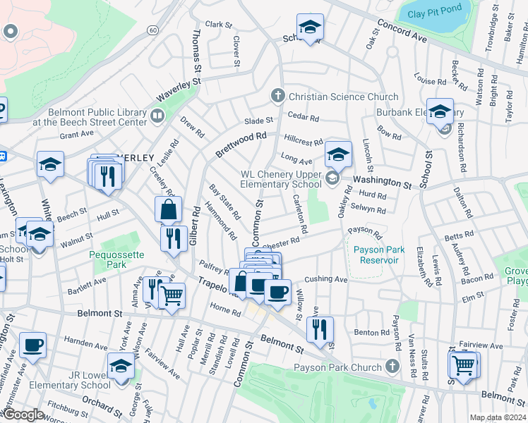 map of restaurants, bars, coffee shops, grocery stores, and more near 324 Common Street in Belmont