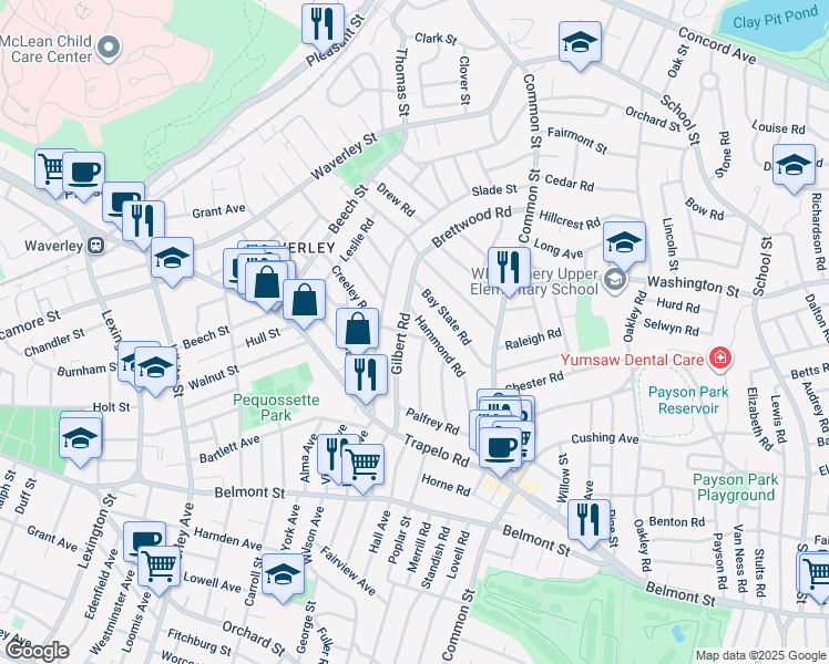 map of restaurants, bars, coffee shops, grocery stores, and more near 115 Hammond Road in Belmont