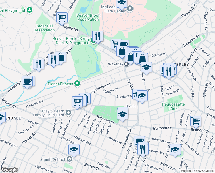 map of restaurants, bars, coffee shops, grocery stores, and more near 135A Sycamore Street in Belmont