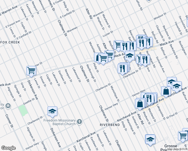 map of restaurants, bars, coffee shops, grocery stores, and more near 3051 Philip Street in Detroit