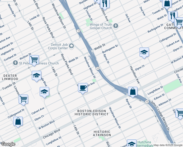 map of restaurants, bars, coffee shops, grocery stores, and more near 1547 Lawrence Street in Detroit