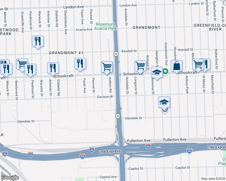 map of restaurants, bars, coffee shops, grocery stores, and more near 13580 Ashton Road in Detroit