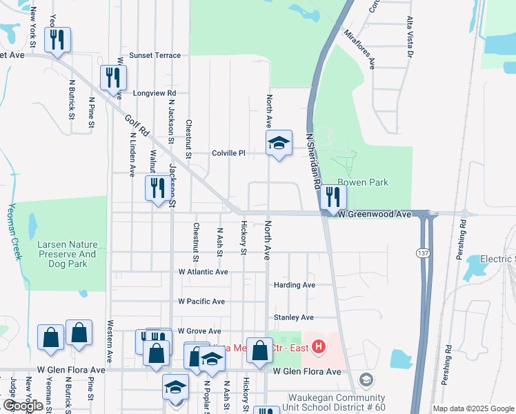 map of restaurants, bars, coffee shops, grocery stores, and more near 470 Glendenning Place in Waukegan