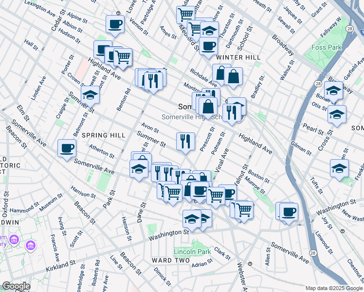 map of restaurants, bars, coffee shops, grocery stores, and more near 90 School Street in Somerville
