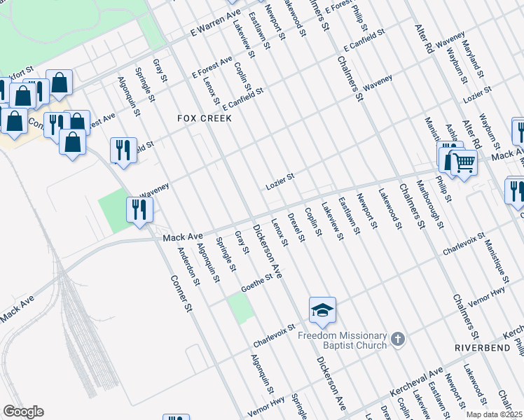 map of restaurants, bars, coffee shops, grocery stores, and more near 3952 Dickerson Avenue in Detroit