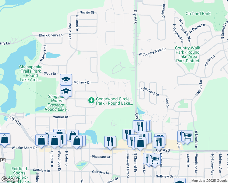 map of restaurants, bars, coffee shops, grocery stores, and more near 523 Normandie Lane in Round Lake Beach