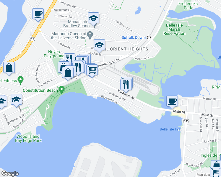 map of restaurants, bars, coffee shops, grocery stores, and more near 1095 Saratoga Street in Boston