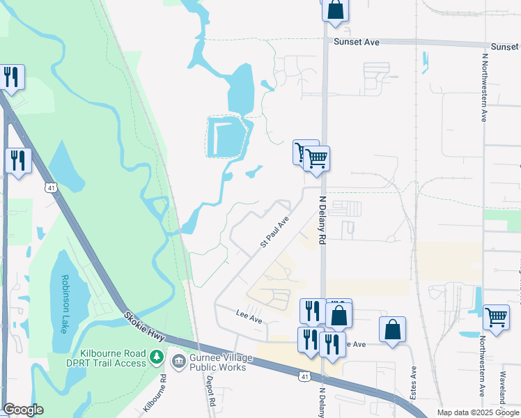 map of restaurants, bars, coffee shops, grocery stores, and more near 1800 Wedgewood Drive in Gurnee