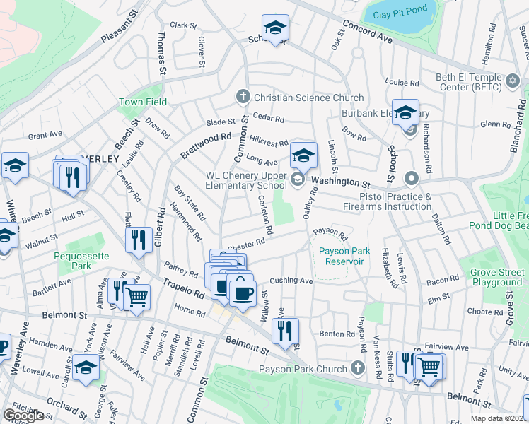 map of restaurants, bars, coffee shops, grocery stores, and more near 28 Carleton Road in Belmont