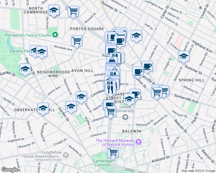 map of restaurants, bars, coffee shops, grocery stores, and more near 1768a Massachusetts Avenue in Cambridge
