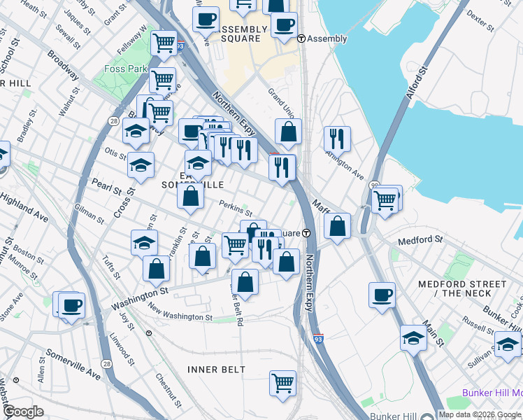map of restaurants, bars, coffee shops, grocery stores, and more near 16 Mount Vernon Street in Somerville