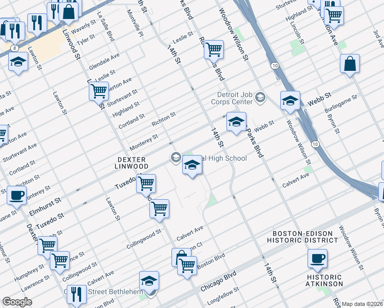 map of restaurants, bars, coffee shops, grocery stores, and more near 2299 Tuxedo Street in Detroit