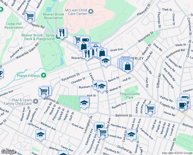 map of restaurants, bars, coffee shops, grocery stores, and more near 82-84 Lexington Street in Belmont