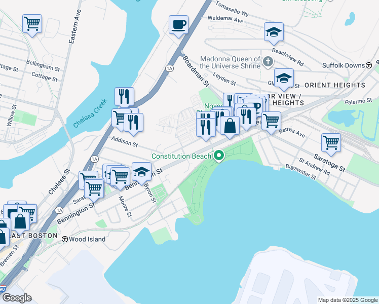 map of restaurants, bars, coffee shops, grocery stores, and more near 870 Saratoga Street in Boston