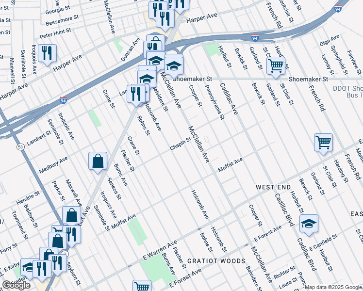 map of restaurants, bars, coffee shops, grocery stores, and more near 5721 Belvidere Street in Detroit