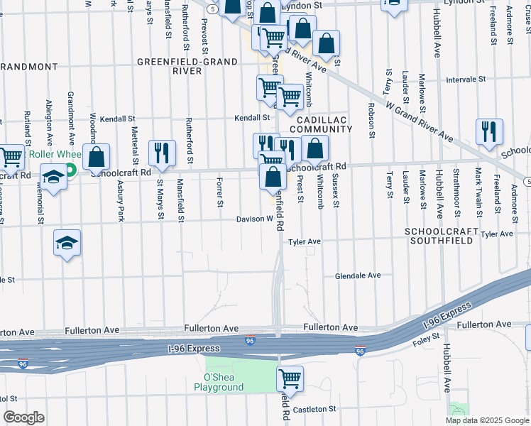 map of restaurants, bars, coffee shops, grocery stores, and more near 13510 Winthrop Street in Detroit