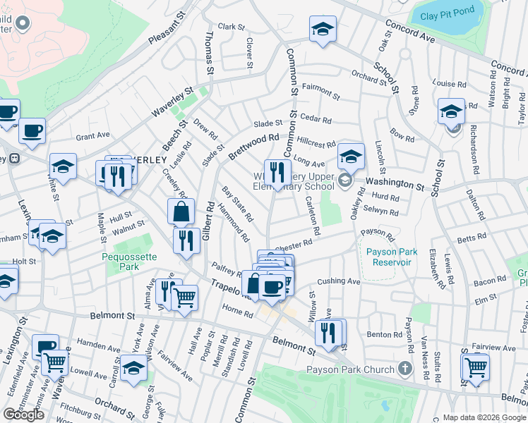 map of restaurants, bars, coffee shops, grocery stores, and more near 324 Common Street in Belmont