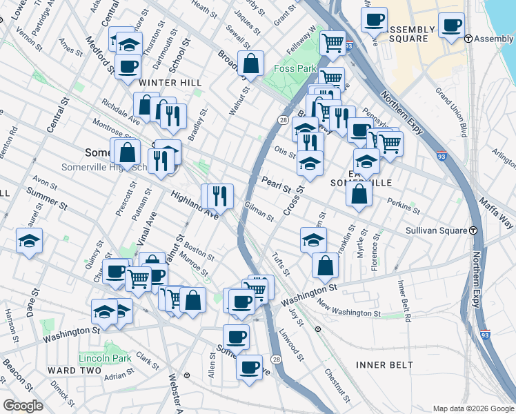 map of restaurants, bars, coffee shops, grocery stores, and more near 30 Aldrich Street in Somerville