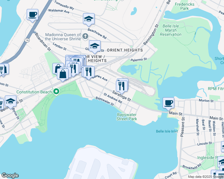 map of restaurants, bars, coffee shops, grocery stores, and more near 1114 Saratoga Street in Boston