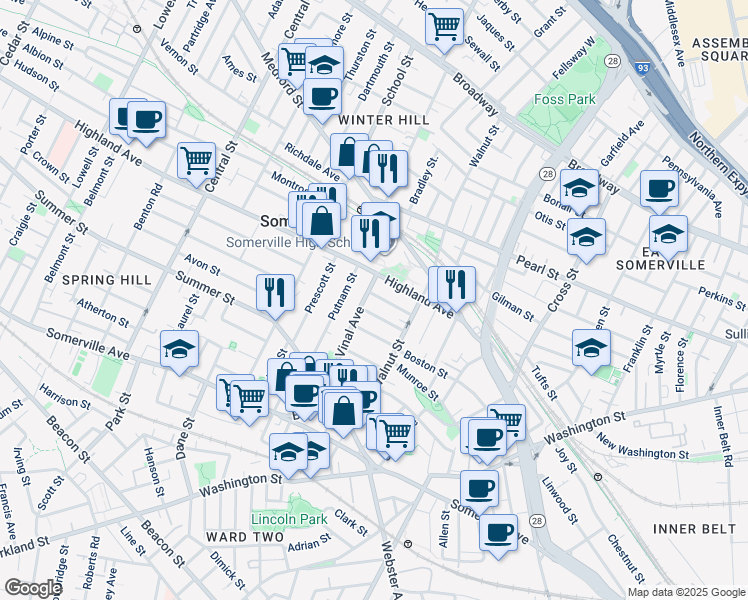 map of restaurants, bars, coffee shops, grocery stores, and more near 22 Grand View Avenue in Somerville
