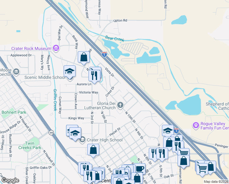 map of restaurants, bars, coffee shops, grocery stores, and more near 1037 Hope Drive in Central Point