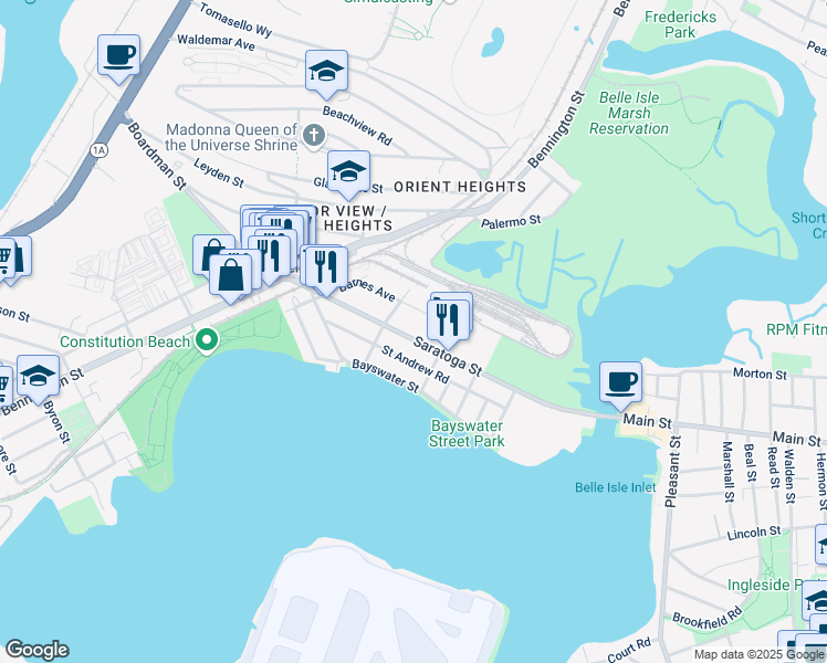map of restaurants, bars, coffee shops, grocery stores, and more near 37 Saint Edward Road in Boston