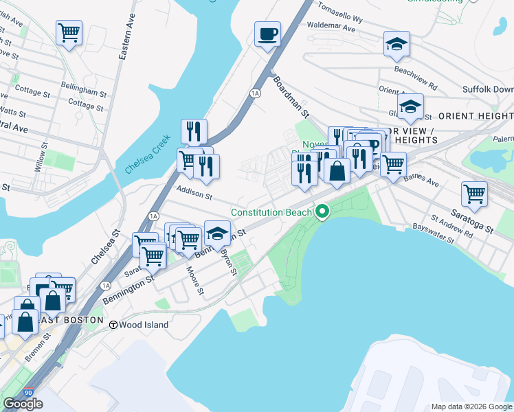 map of restaurants, bars, coffee shops, grocery stores, and more near 144 Addison Street in Boston