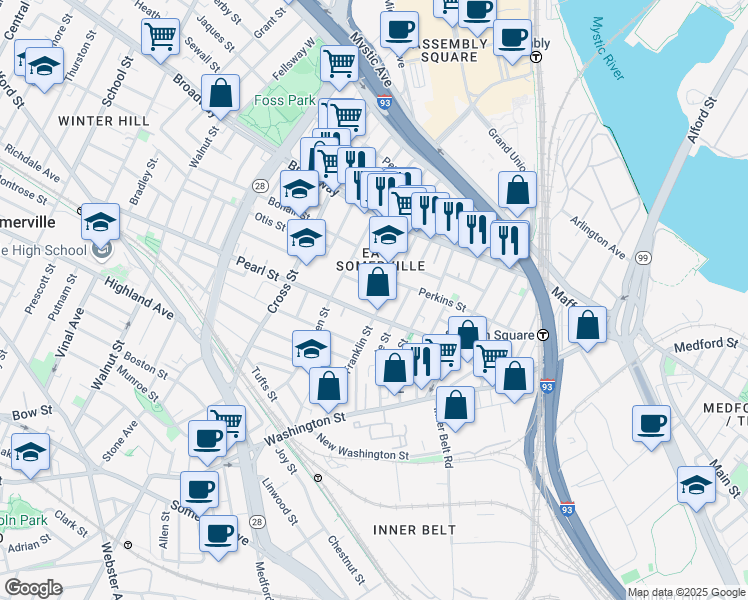map of restaurants, bars, coffee shops, grocery stores, and more near 22 Franklin Street in Somerville