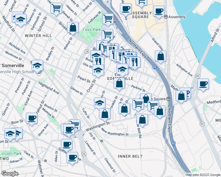 map of restaurants, bars, coffee shops, grocery stores, and more near 16 Webster Street in Somerville
