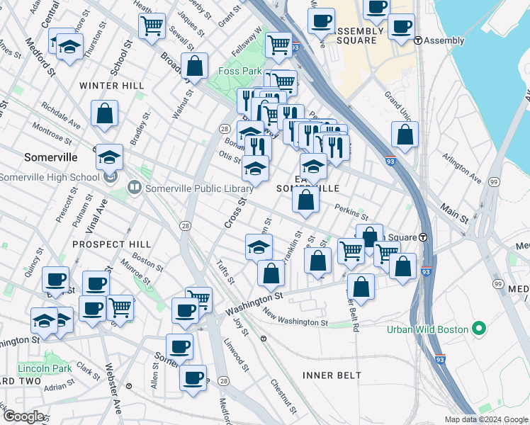 map of restaurants, bars, coffee shops, grocery stores, and more near 104 Pearl Street in Somerville