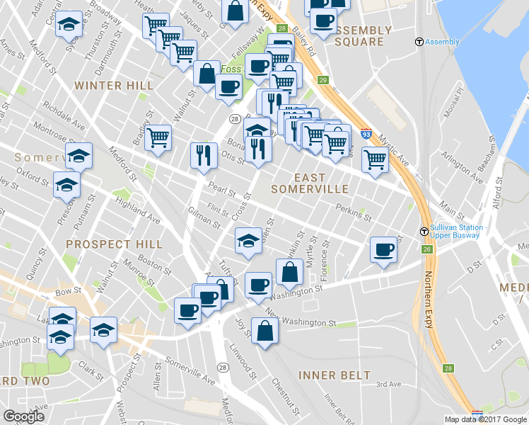 map of restaurants, bars, coffee shops, grocery stores, and more near 104 Pearl Street in Somerville