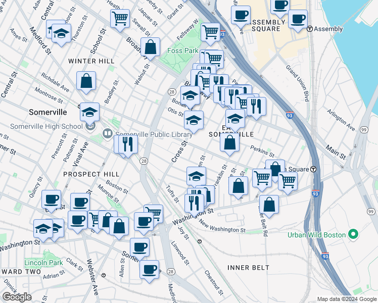 map of restaurants, bars, coffee shops, grocery stores, and more near 76B Cross Street in Somerville