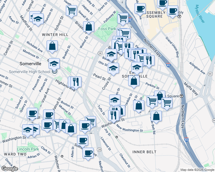 map of restaurants, bars, coffee shops, grocery stores, and more near 76B Cross Street in Somerville