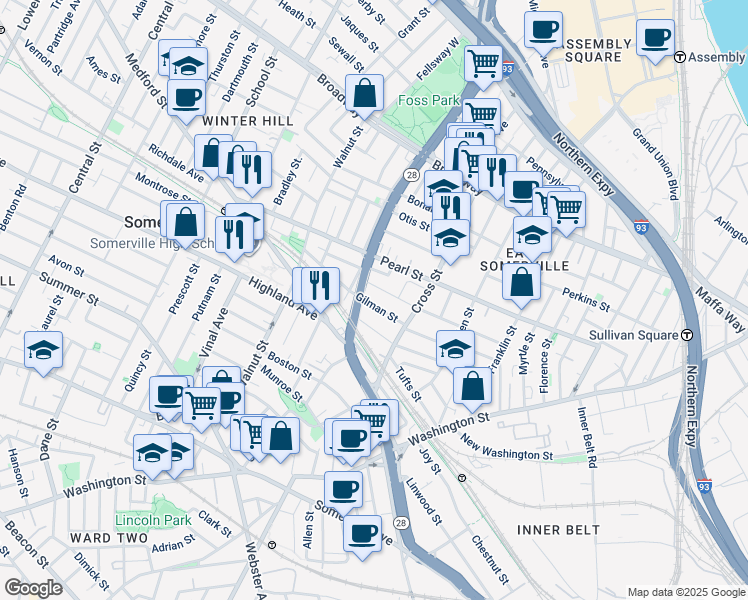 map of restaurants, bars, coffee shops, grocery stores, and more near 30 Aldrich Street in Somerville
