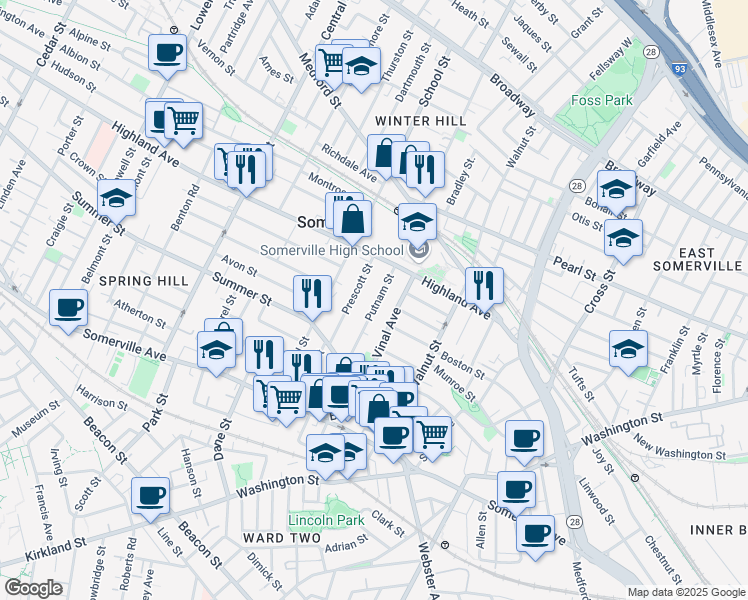 map of restaurants, bars, coffee shops, grocery stores, and more near 44 Prescott Street in Somerville