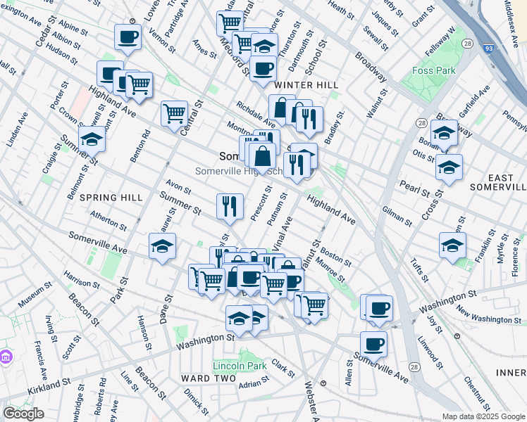 map of restaurants, bars, coffee shops, grocery stores, and more near 44 Prescott Street in Somerville