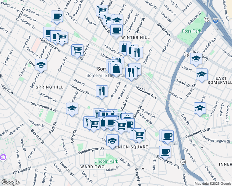 map of restaurants, bars, coffee shops, grocery stores, and more near 44 Prescott Street in Somerville