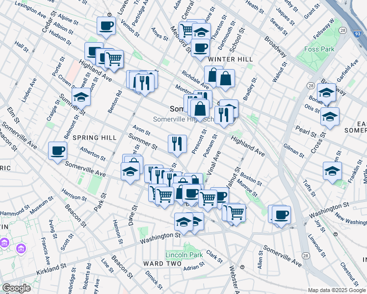 map of restaurants, bars, coffee shops, grocery stores, and more near 90 School Street in Somerville